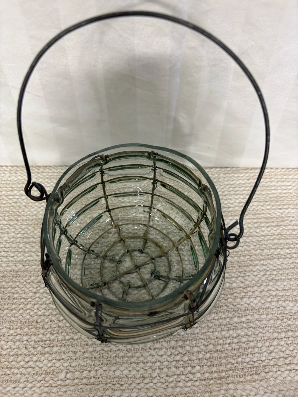 Vintage Glass Lantern Vase with Wire Cage Handle - Clear Glass